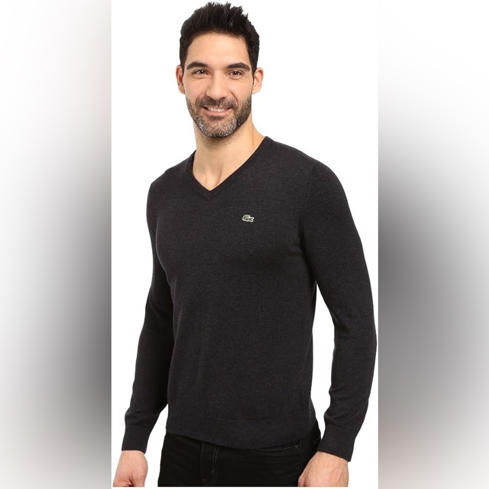 Lacoste Jersey Cotton Sweater Large V-Neck Knit Pullover Crocodile Logo Gray 5